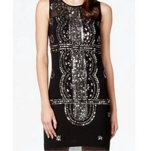 Adrianna Papell Beaded Mosiac Dress Black Silver Sleeveless Cocktail Evening